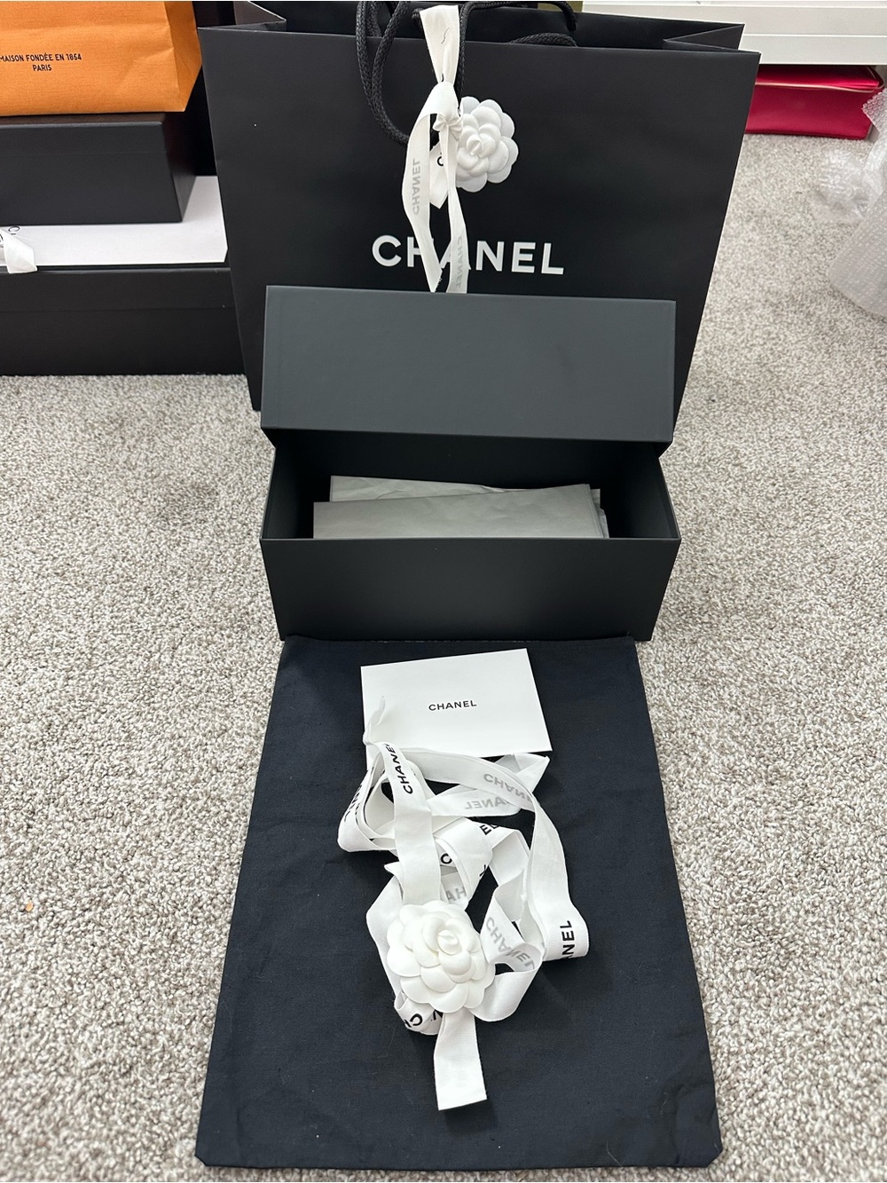 Chanel Black Gift Box with White Camellia Ribbon for mini to small bag